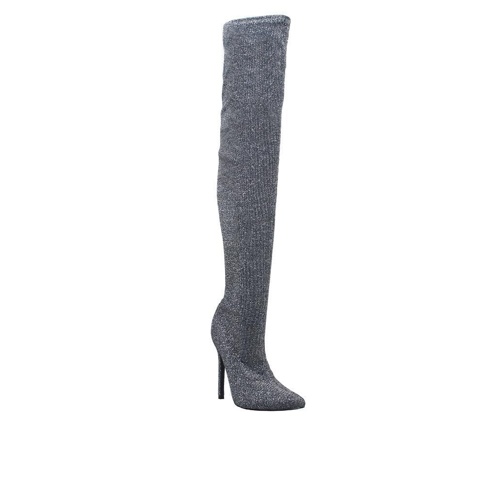 Fabric upper high knee women's heel boots in silver-corner view