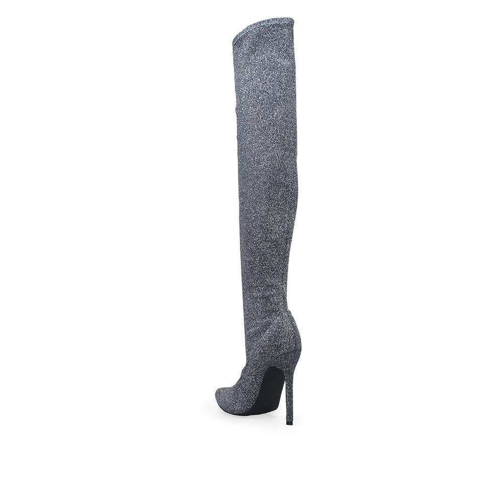 Fabric upper high knee women's heel boots in silver-posterior view