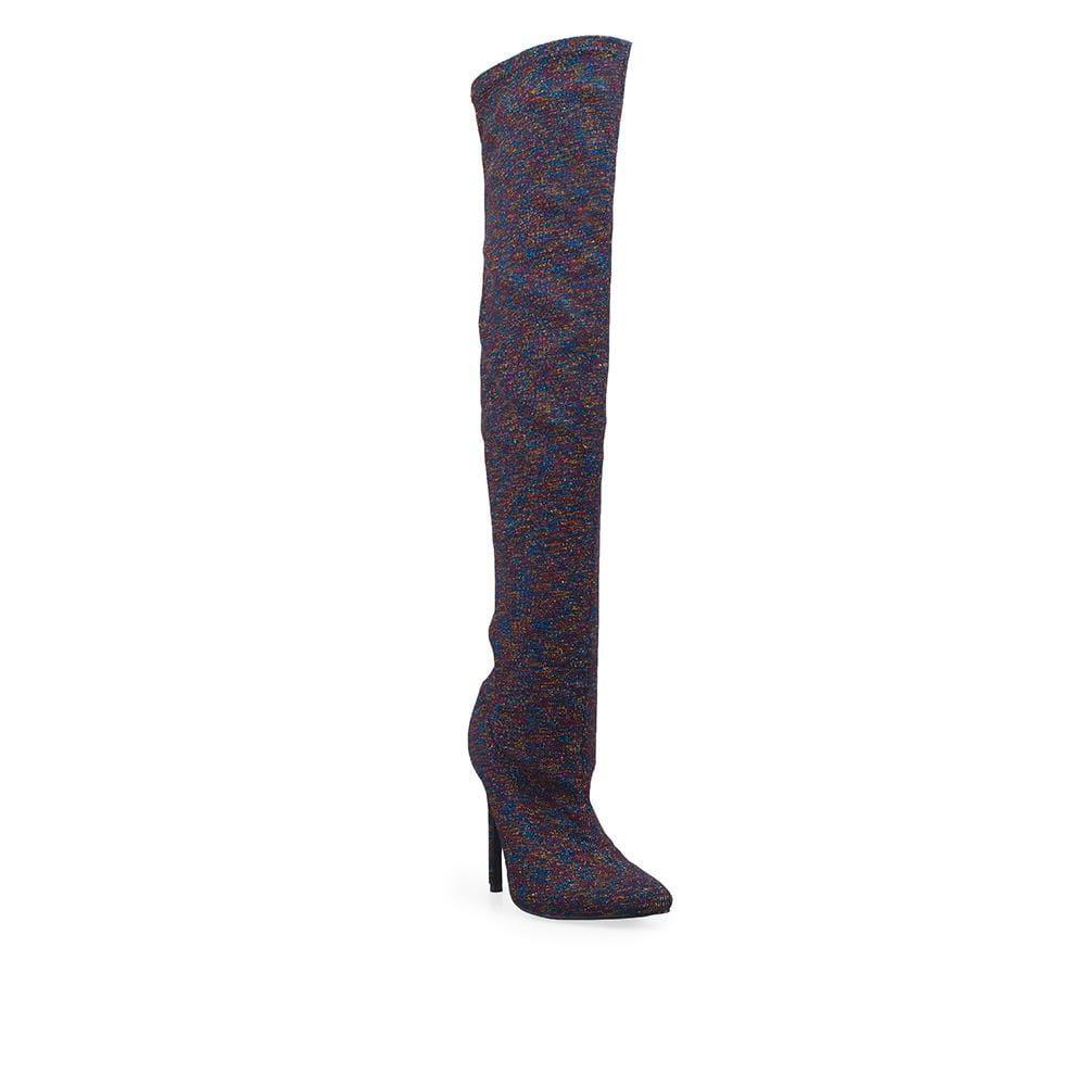 Multicoloured fabric upper high knee women's heel boots-corner view