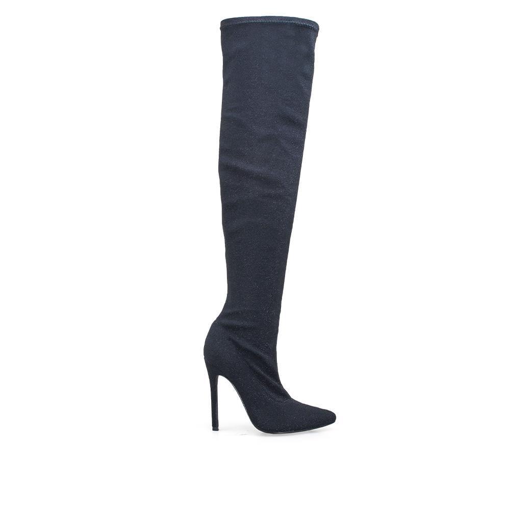 Fabric upper high knee women's heel boots in black-side view