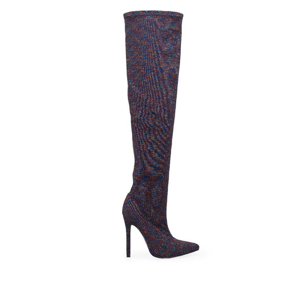 Multicoloured fabric upper high knee women's heel boots-side view