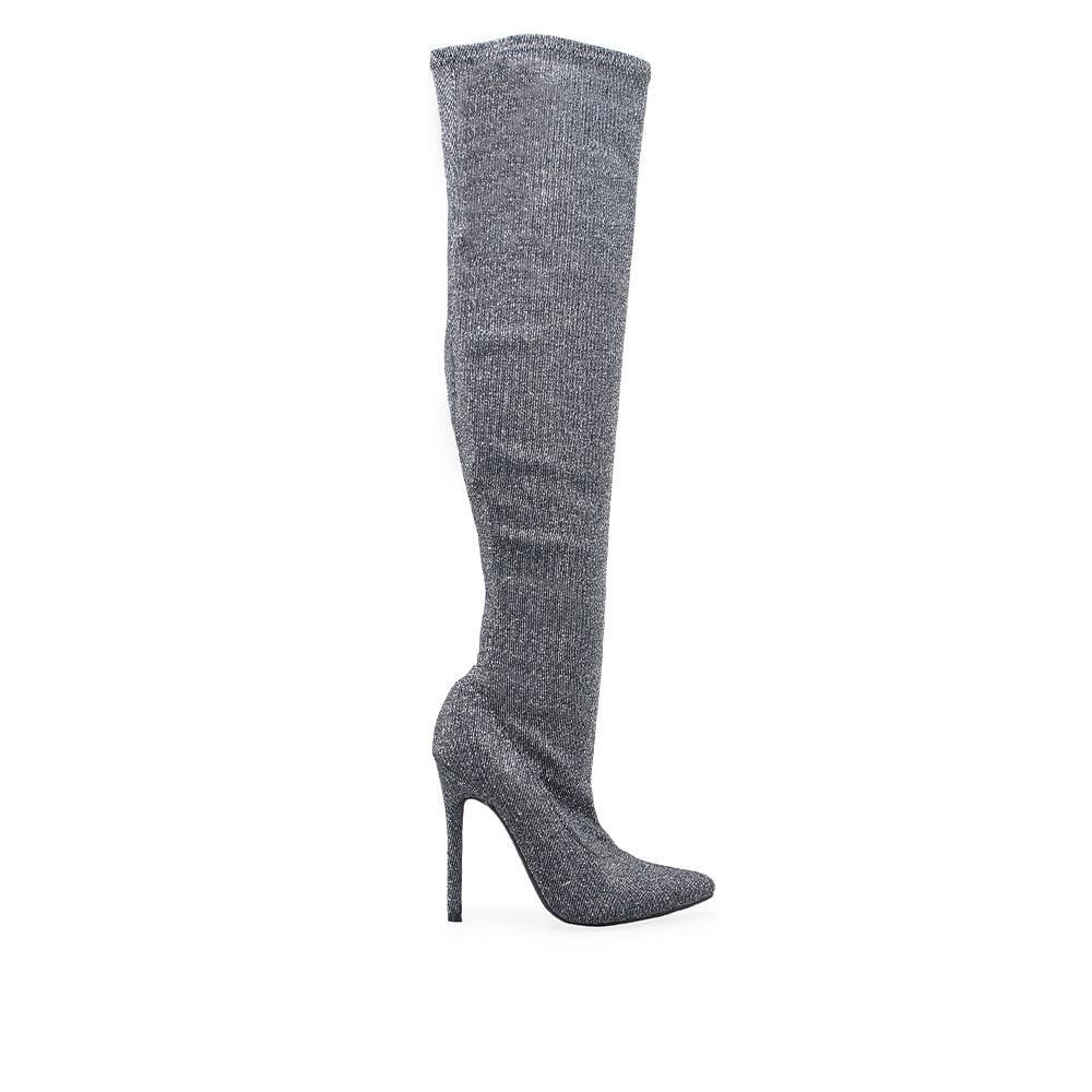 Fabric upper high knee women's heel boots in silver-side view