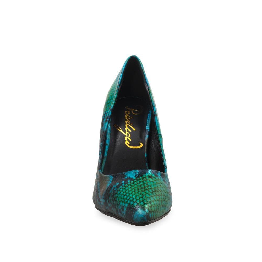 Printed pump women's heel in green-front view