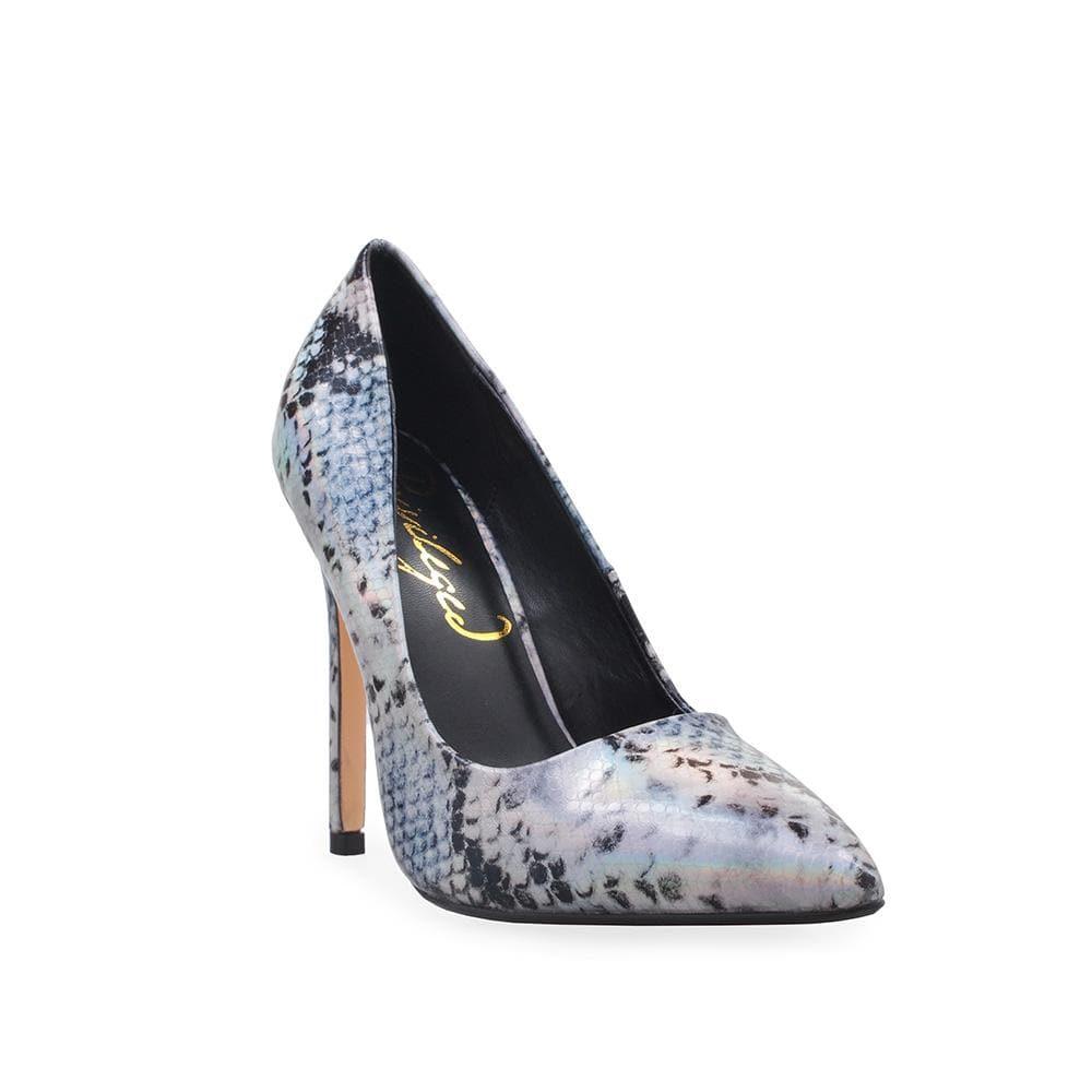 Silver coloured printed pump women's heel-corner view