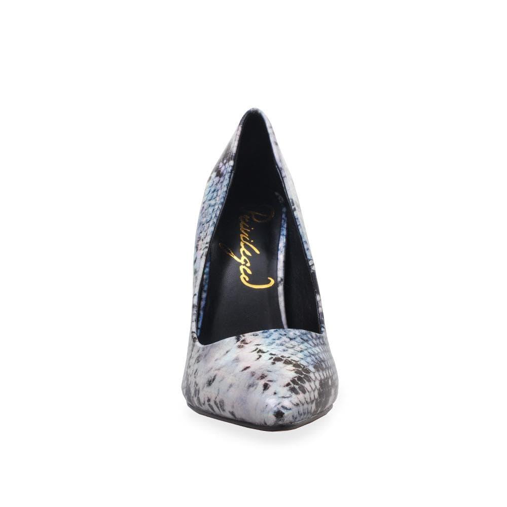 Silver coloured printed pump women's heel-front view