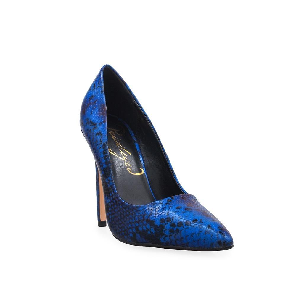 Blue coloured printed pump women's heel-corner view