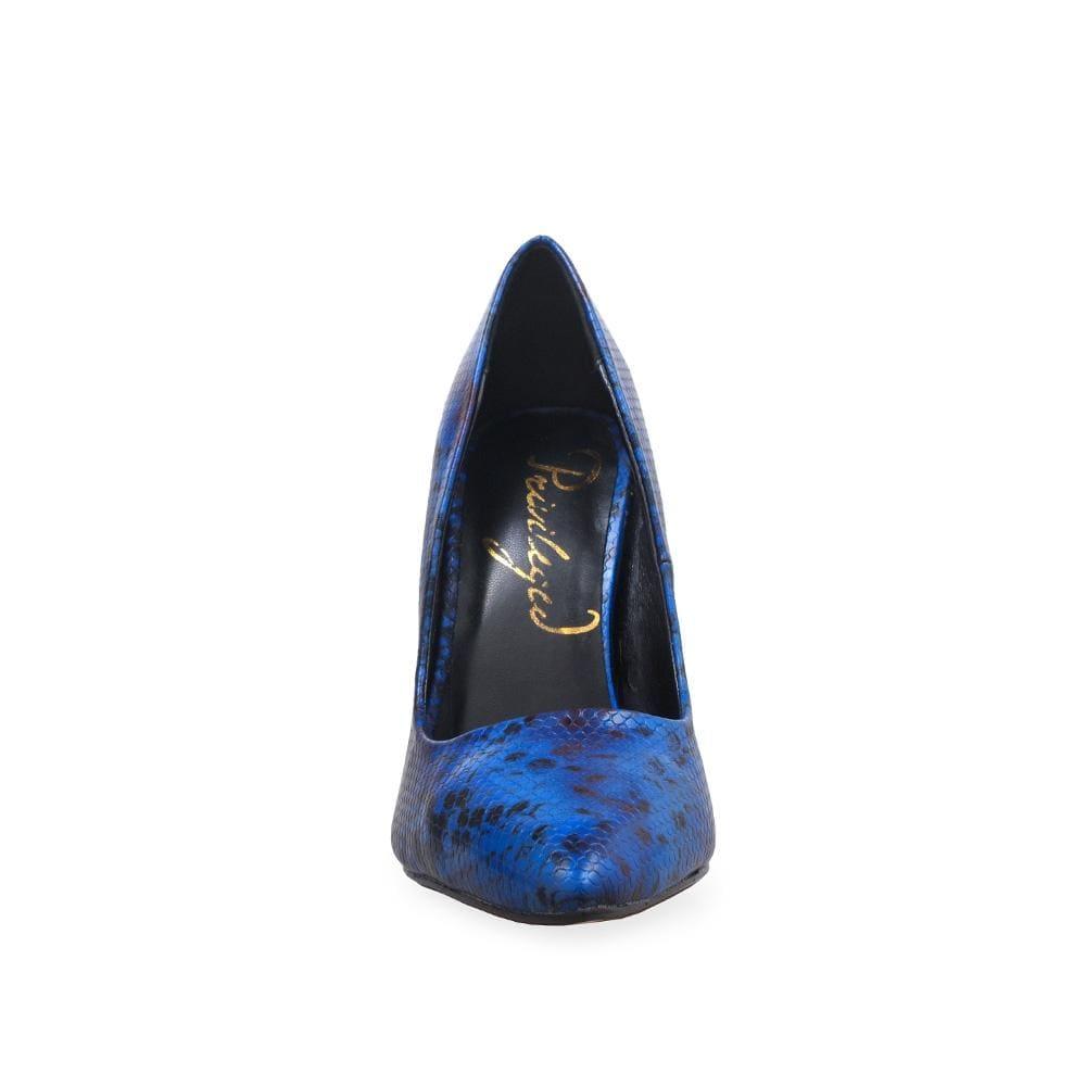 Blue coloured printed pump women's heel-front view