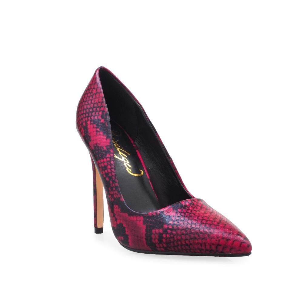 Fuchsia coloured printed pump women's heel-corner view