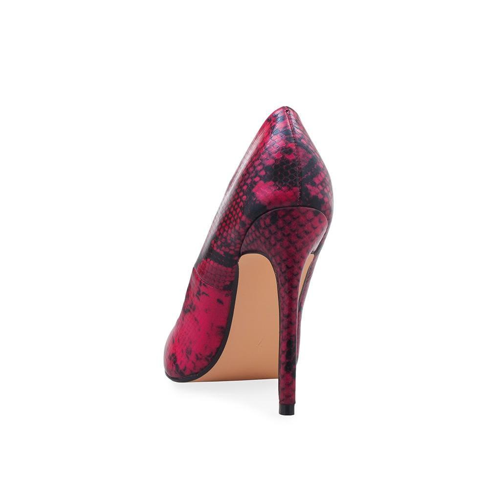 Fuchsia coloured printed pump women's heel-posterior view