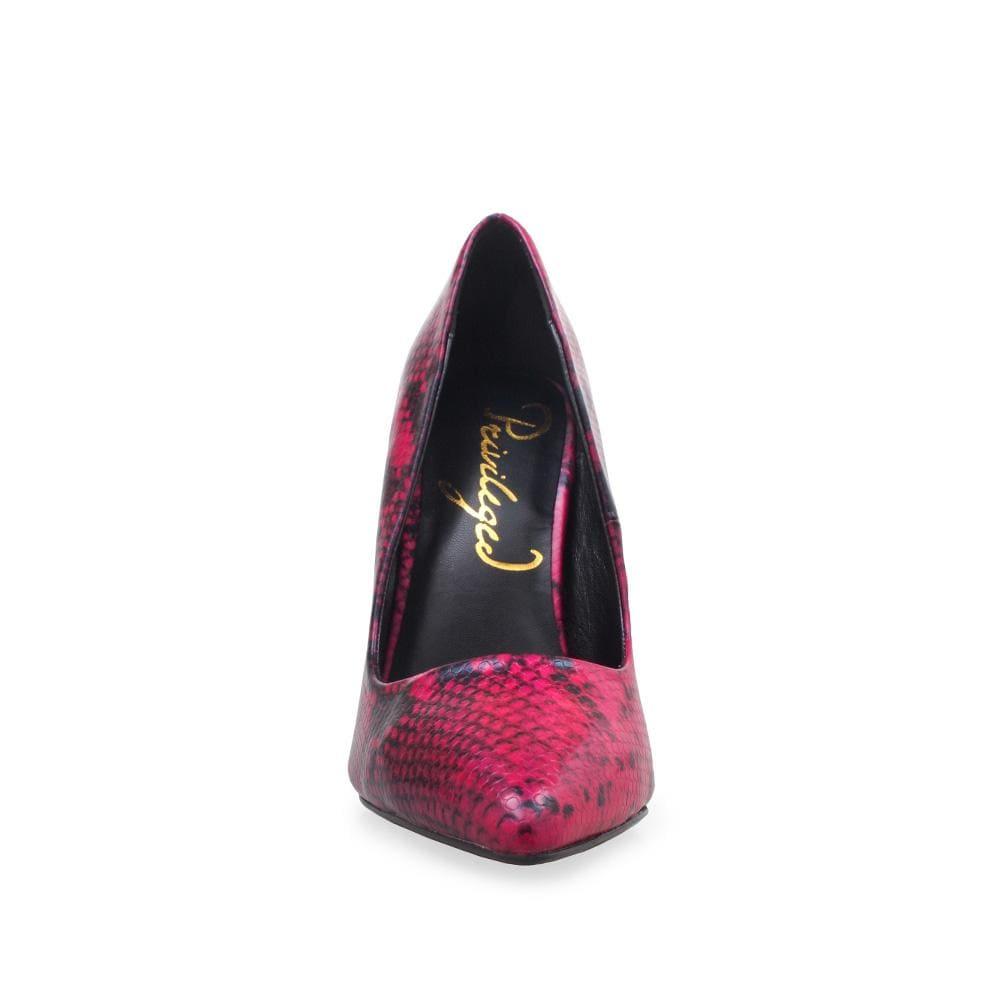 Fuchsia coloured printed pump women's heel-front view