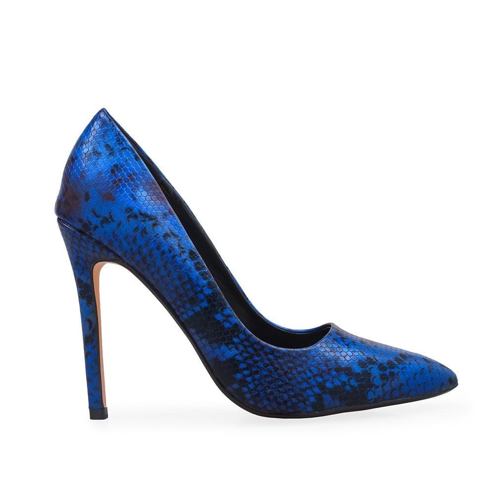 Blue coloured printed pump women's heel-side view