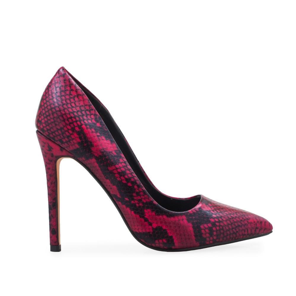 Fuchsia coloured printed pump women's heel-side view