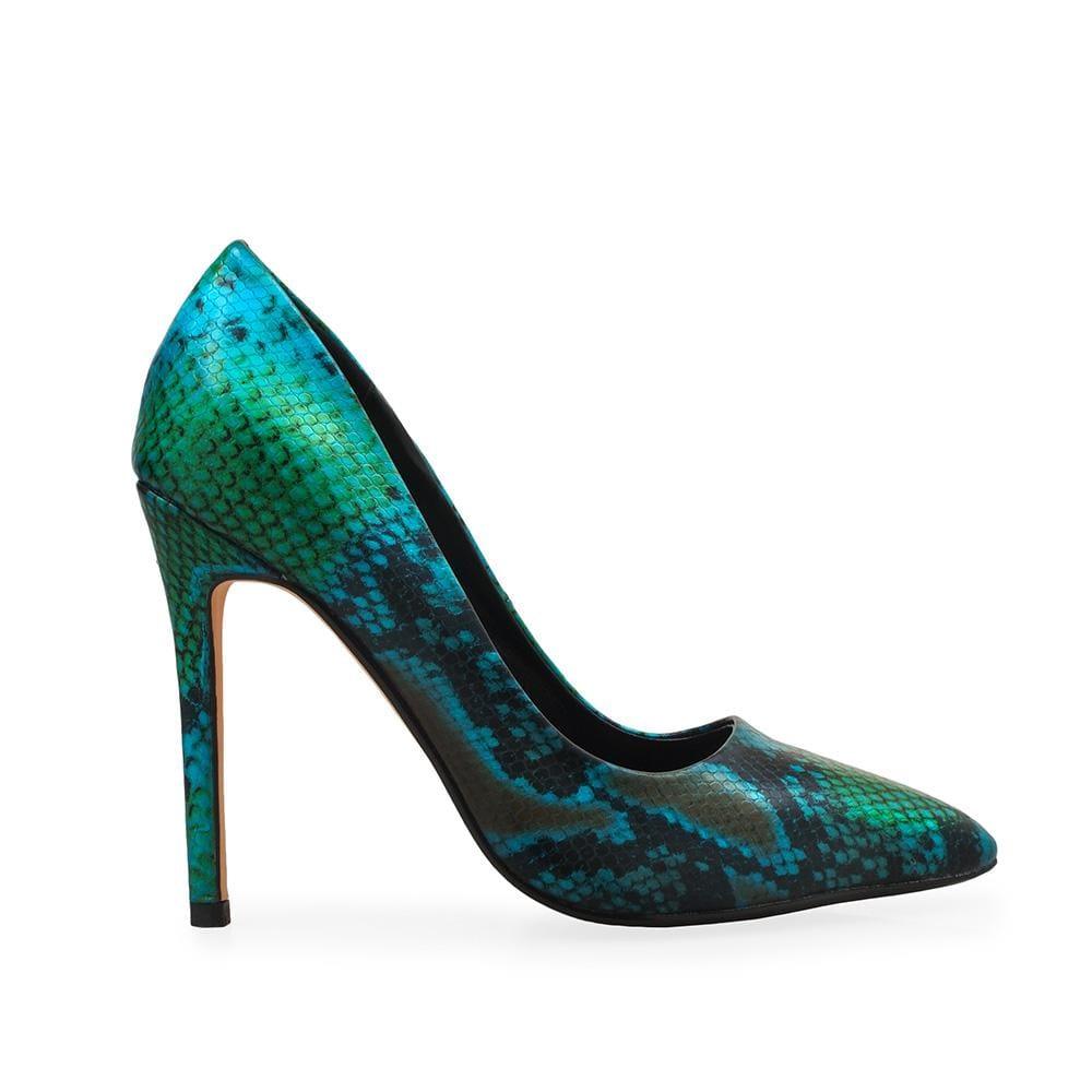 Printed pump women's heel in green-side view