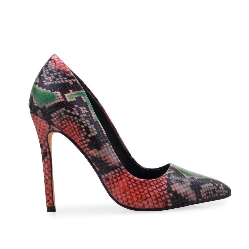 Printed pump women's heel in pink-side view