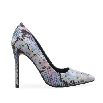Silver coloured printed pump women's heel-side view