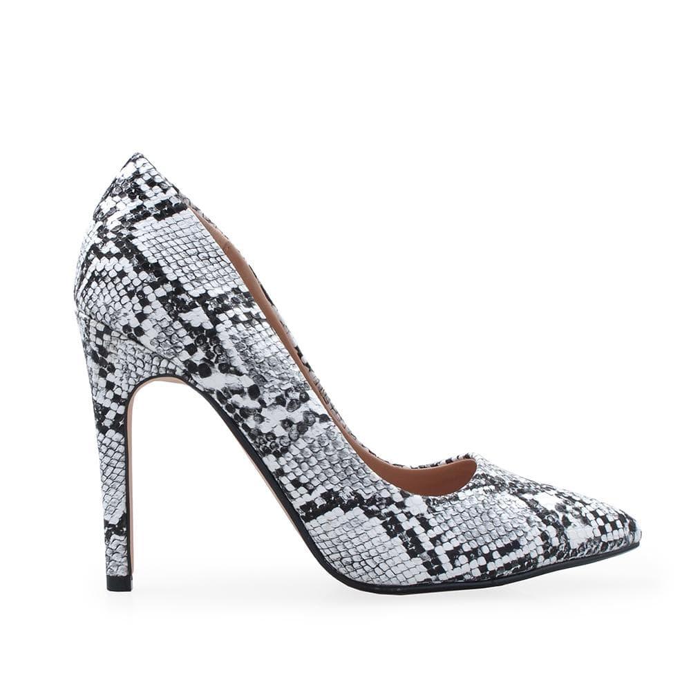 White snake patterned synthetic women's stiletto heel-side view