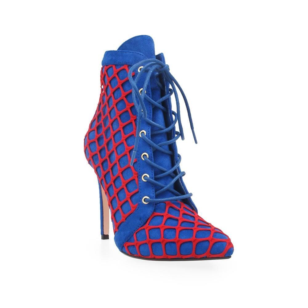 Cobalt coloured lace-up and a red netting overlay women's heel-corner view