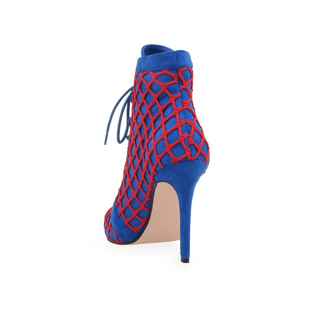 Cobalt coloured lace-up and a red netting overlay women's heel-posterior view