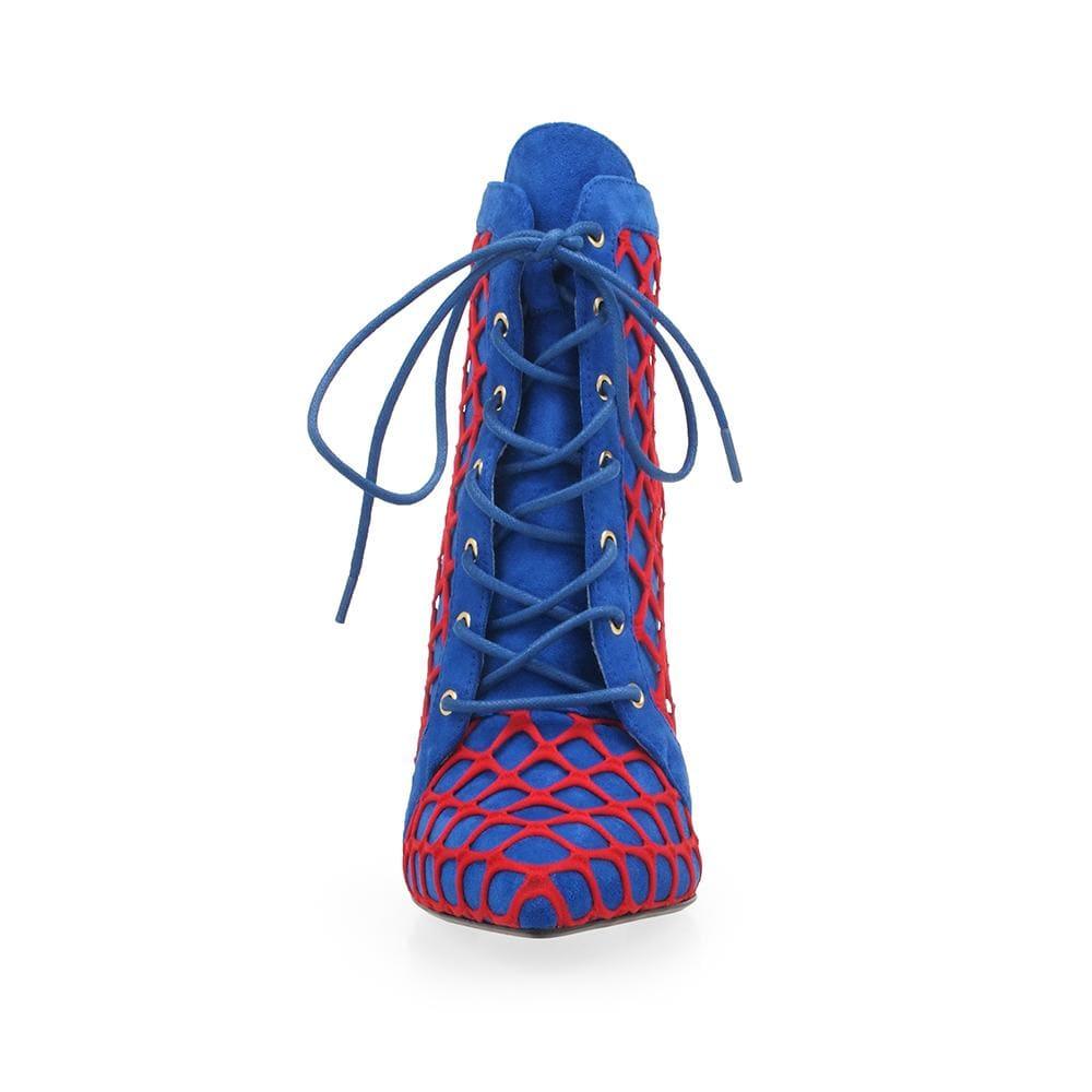 Cobalt coloured lace-up and a red netting overlay women's heel-front view