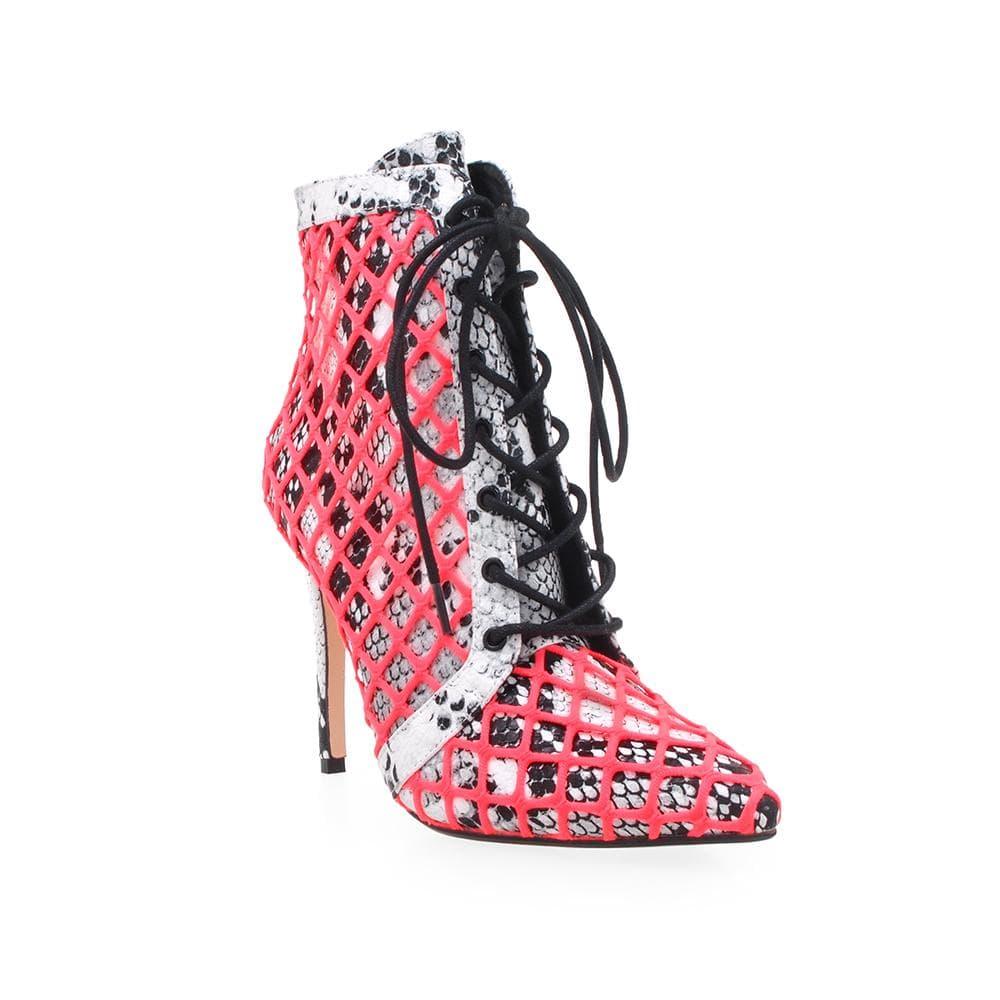 Lace-up with a pink netting overlay women's heel in white snake coral shade-corner view