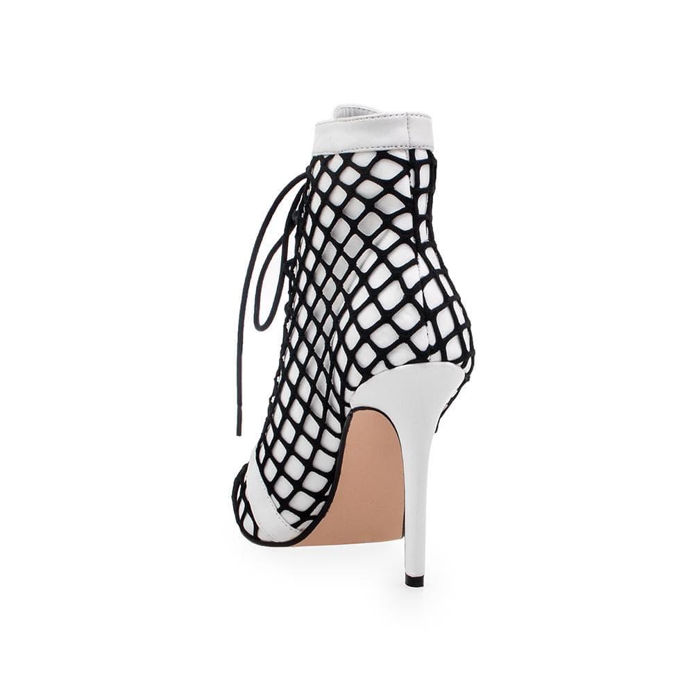 White coloured lace-up and a black netting overlay women's heel-posterior view