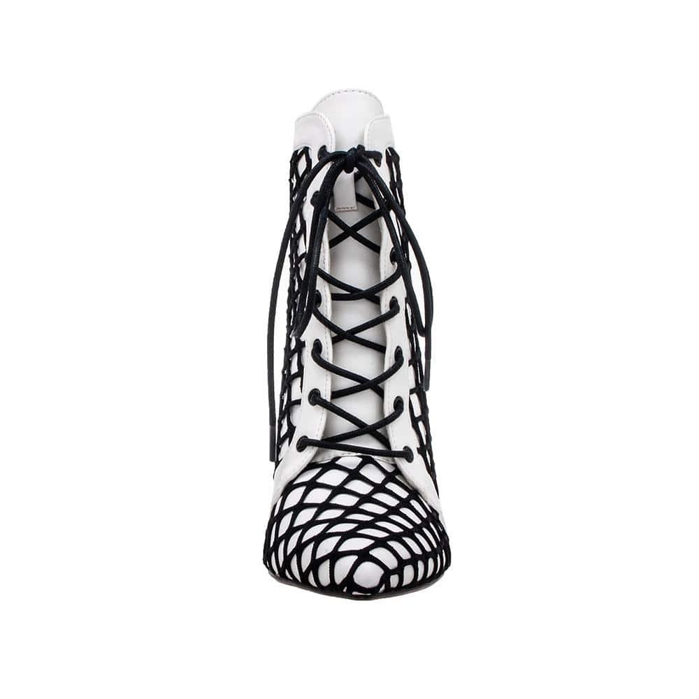 White coloured lace-up and a black netting overlay women's heel-front view