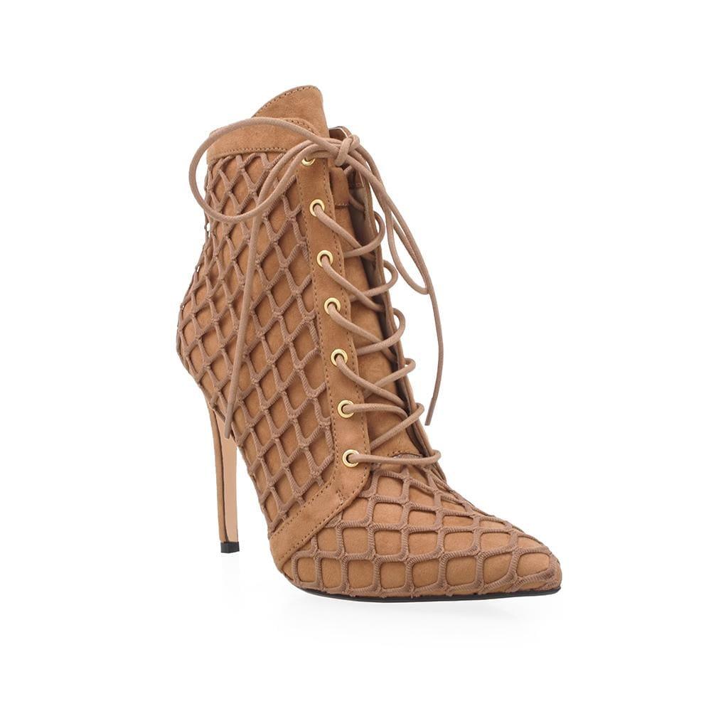 Tan coloured lace-up and a tan netting overlay women's heel-corner view