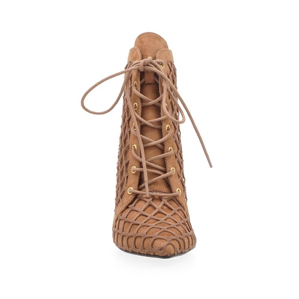 Tan coloured lace-up and a tan netting overlay women's heel-front view