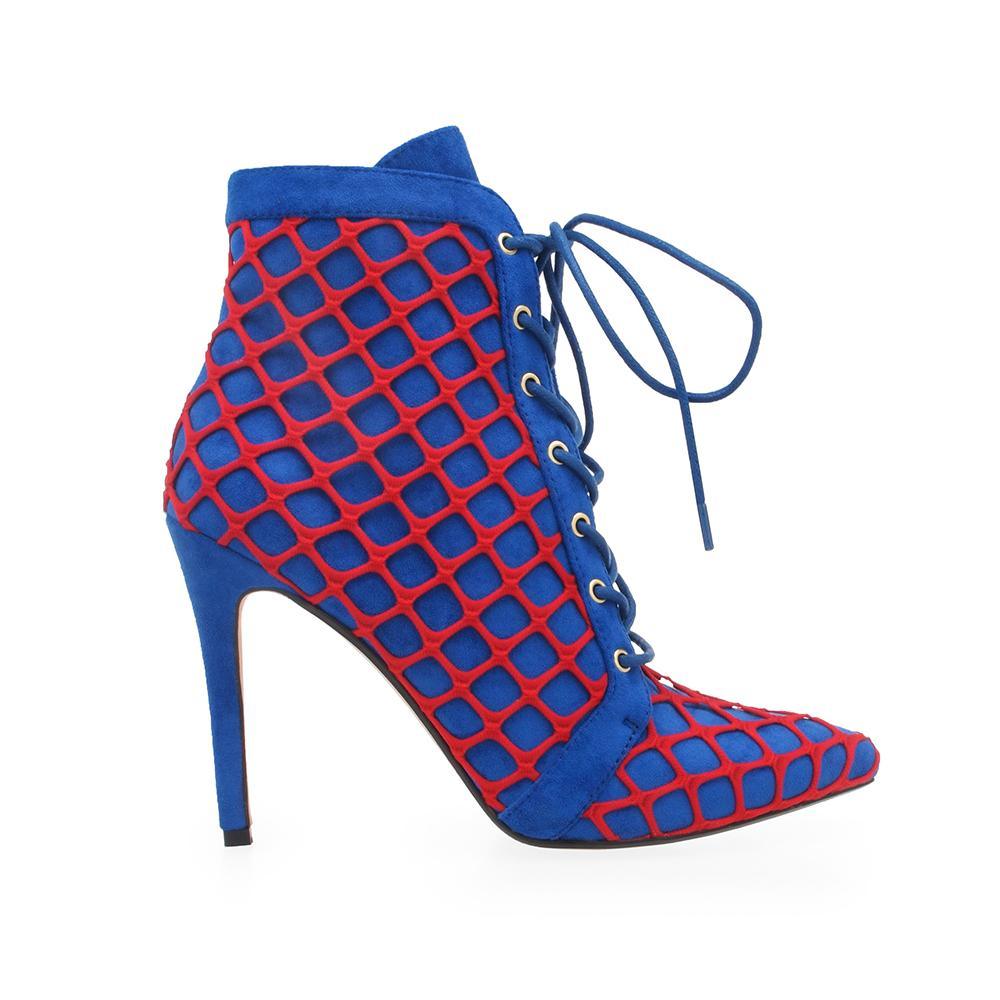 Cobalt coloured lace-up and a red netting overlay women's heel-side view