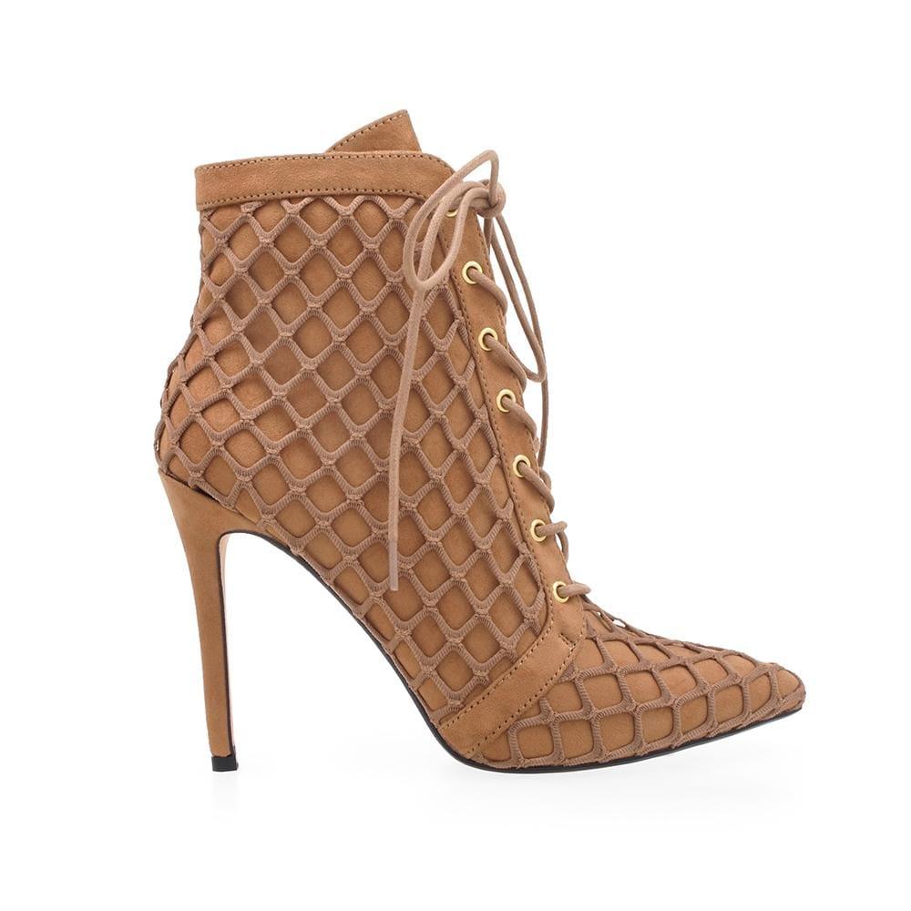 Tan coloured lace-up and a tan netting overlay women's heel-side view