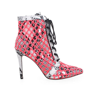 Lace-up with a pink netting overlay women's heel in white snake coral shade-side view