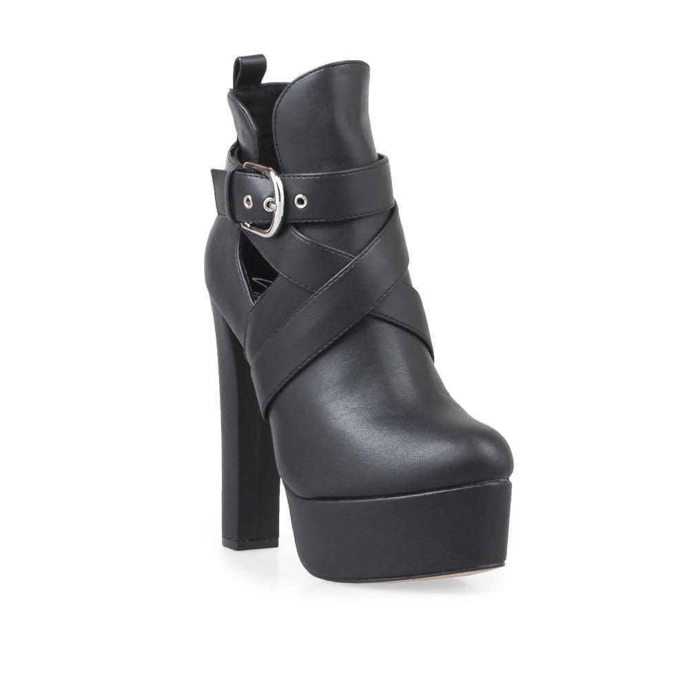 Black platform women's boot heels-corner view