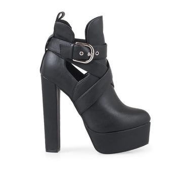Black platform women's boot heels-side view