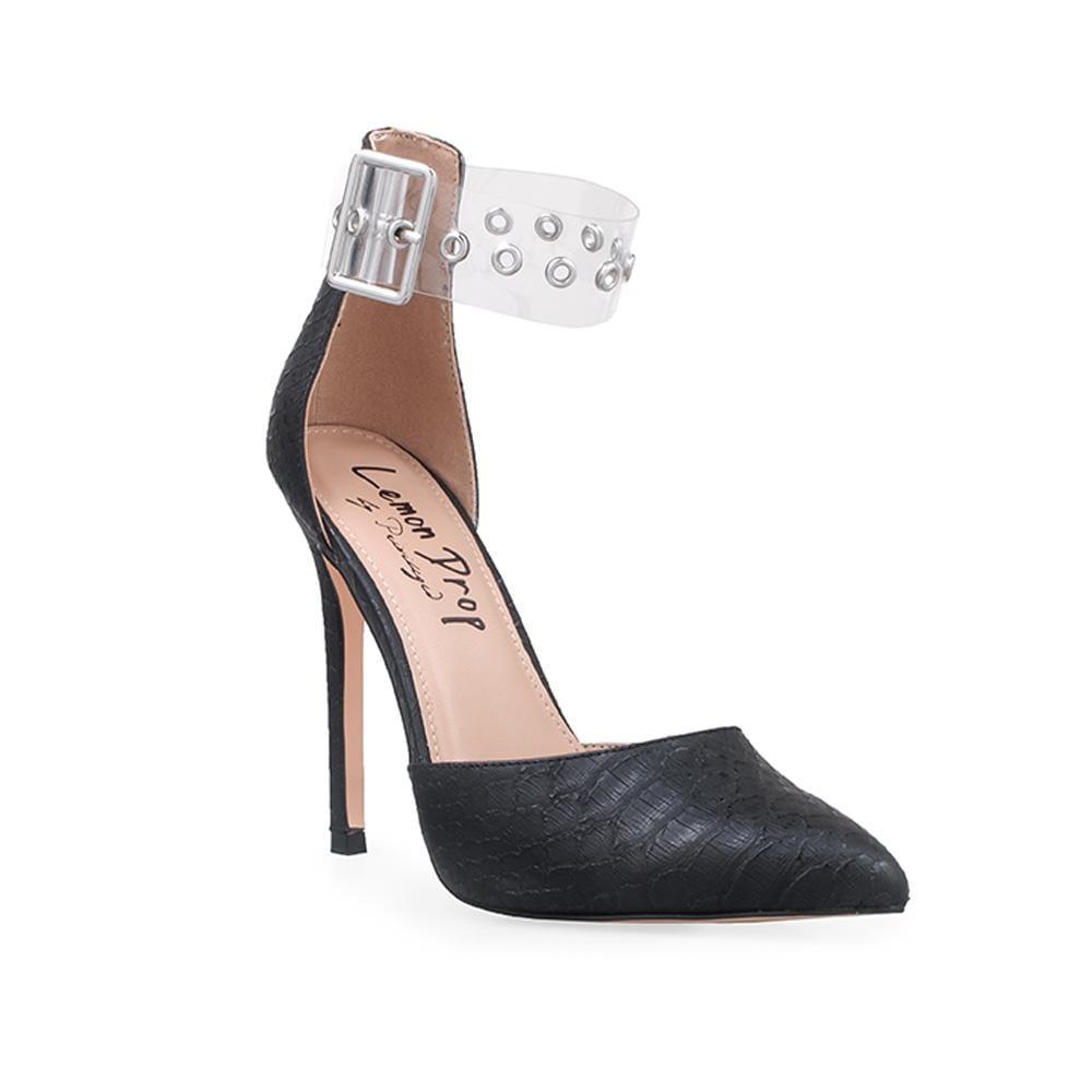 Black pointy toed heel with vinyl ankle strap for women-corner view