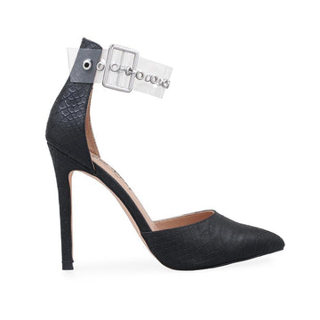 Black pointy toed heel with vinyl ankle strap for women-side view