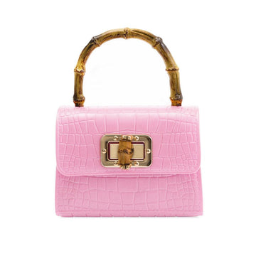 Pink colored women purse with bamboo handle