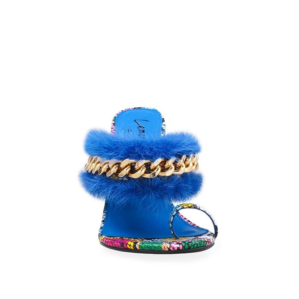 Women heels with upper blue fur and chain - front view