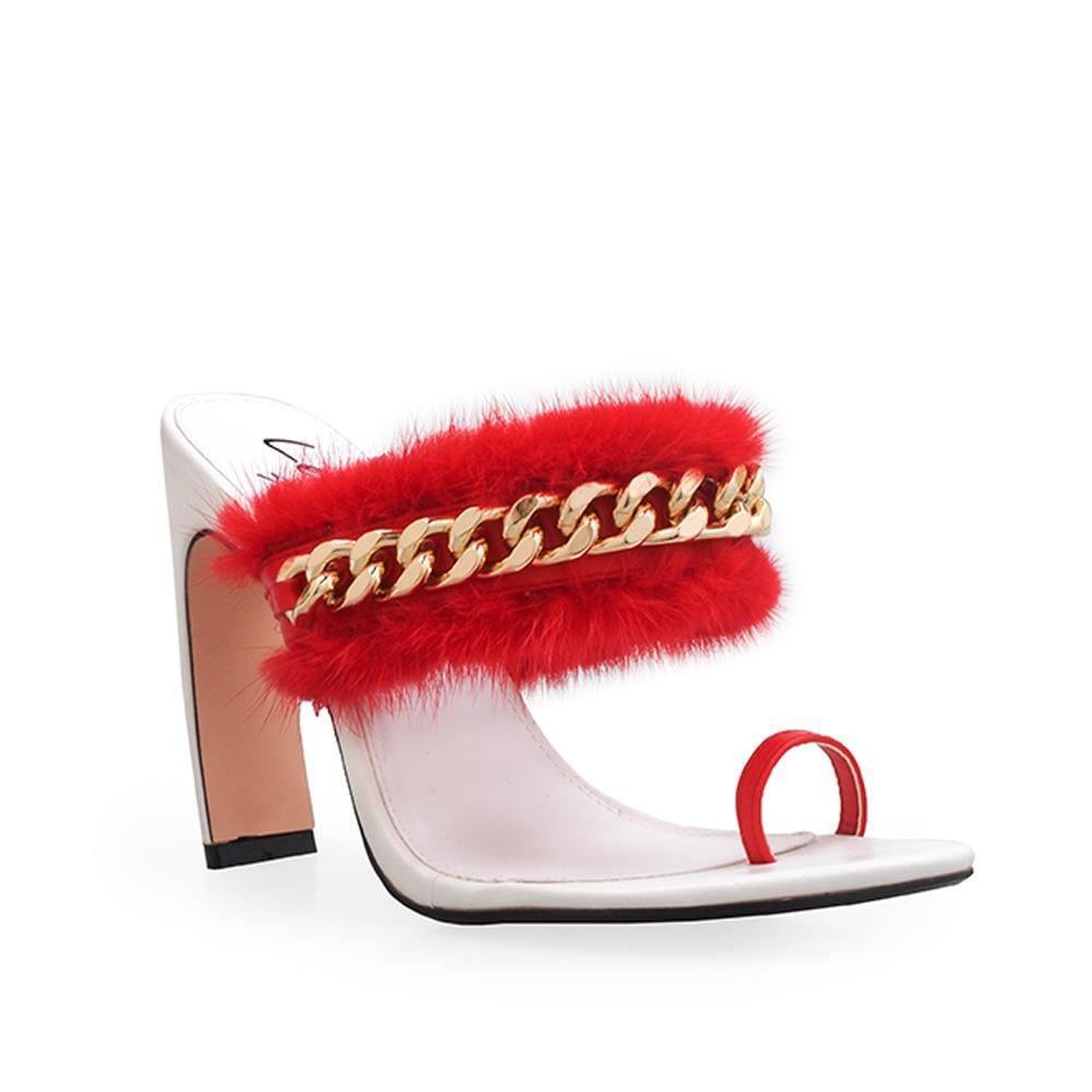 White women heels with red fur upper - corner view