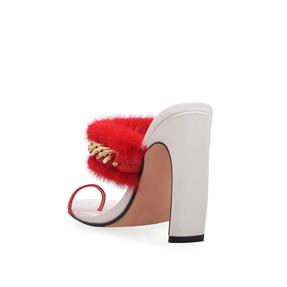 White women heels with red fur upper - posterior view