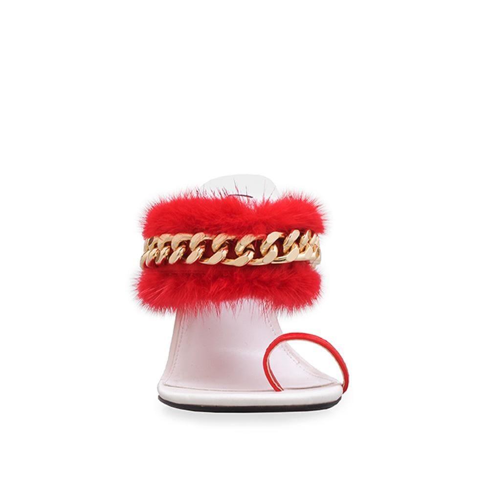 White women heels with red fur upper - front view