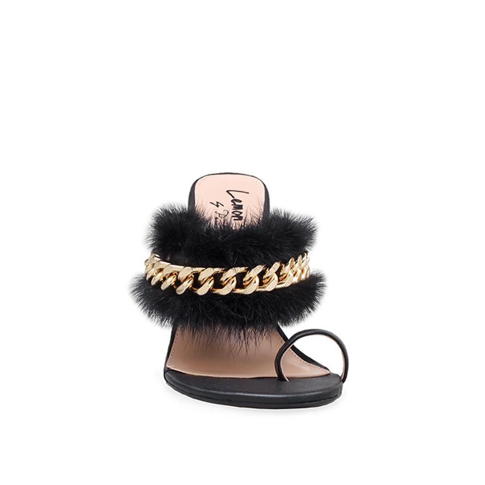 Black women shoes with black fur - front view