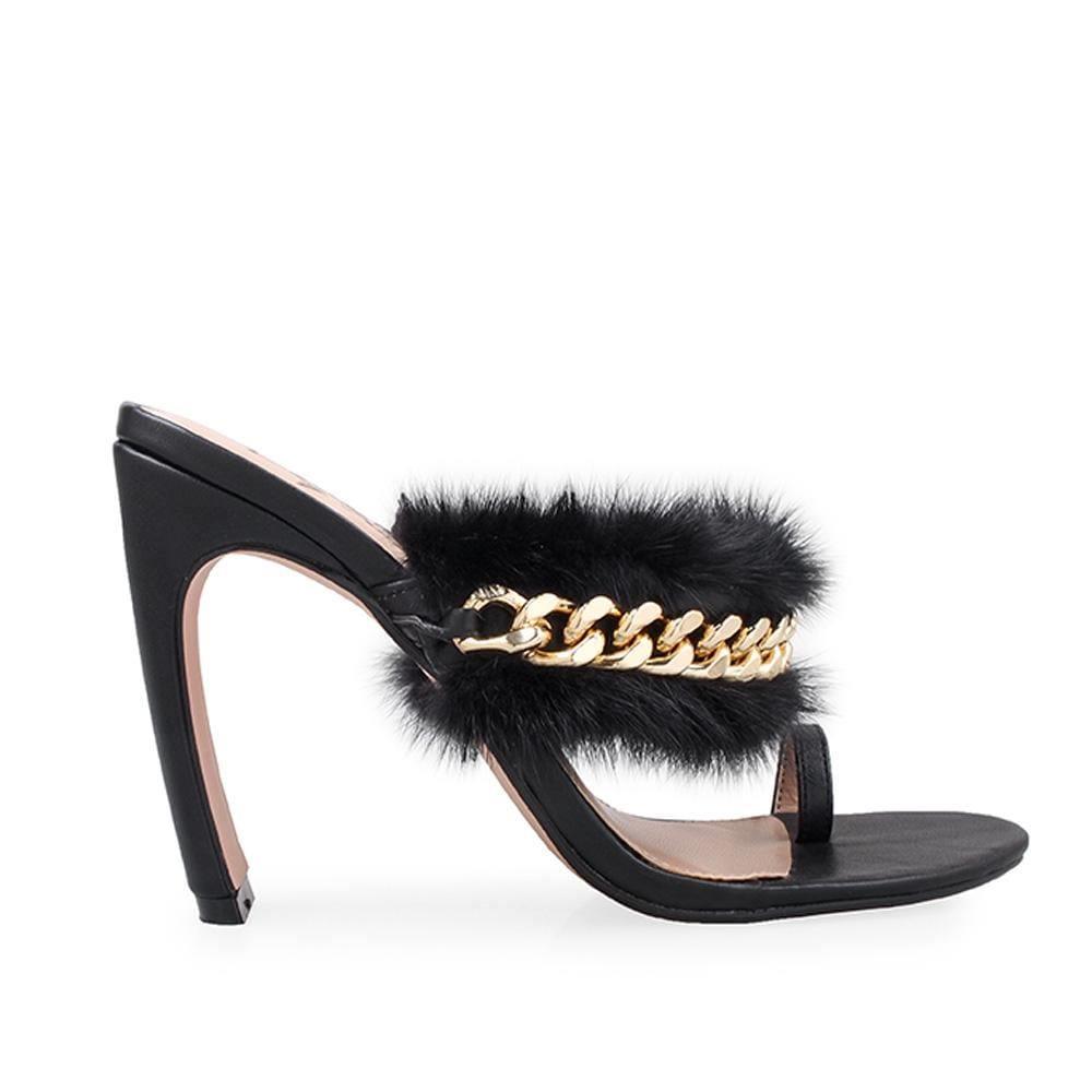 Black women shoes with black fur - side view