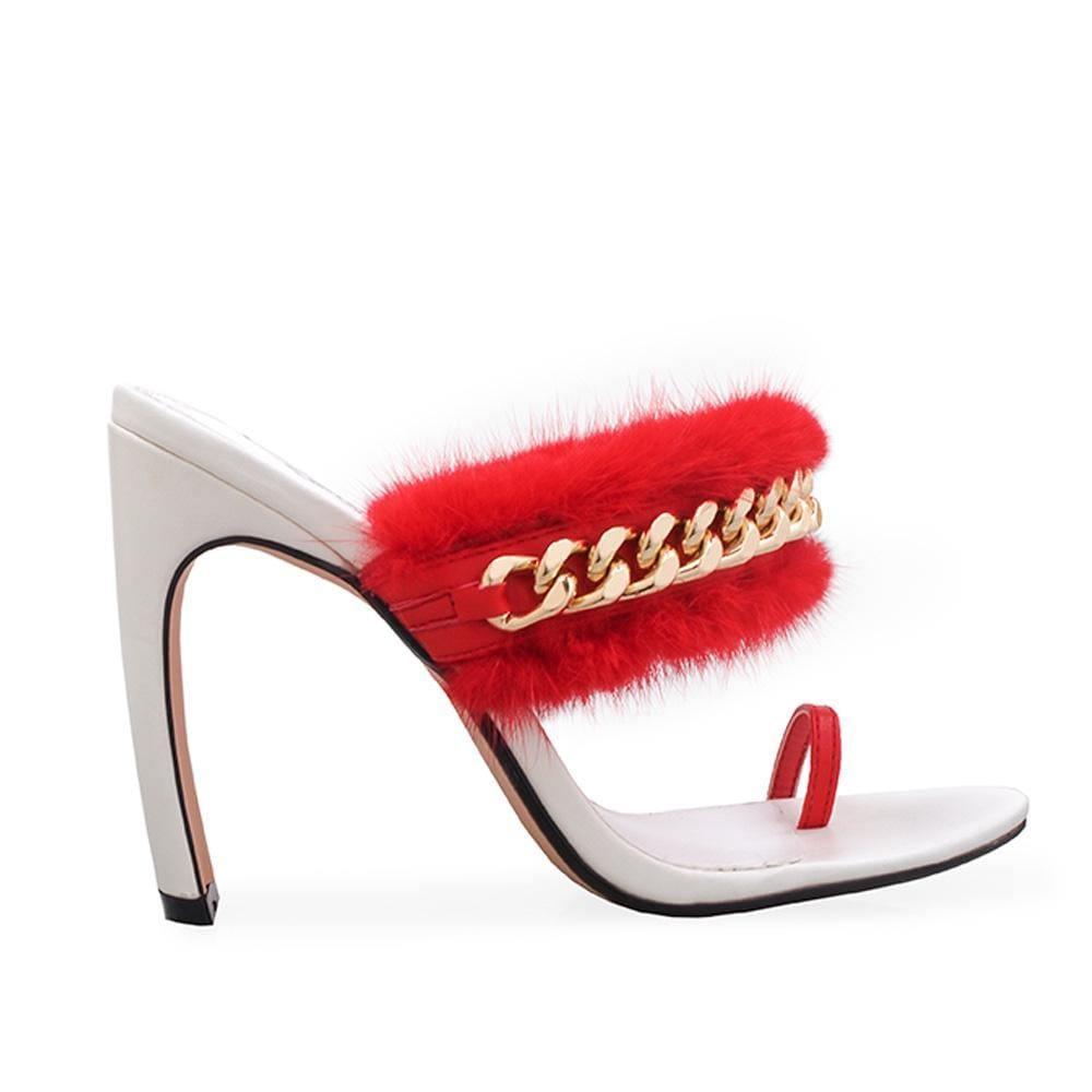 White women heels with red fur upper - side view