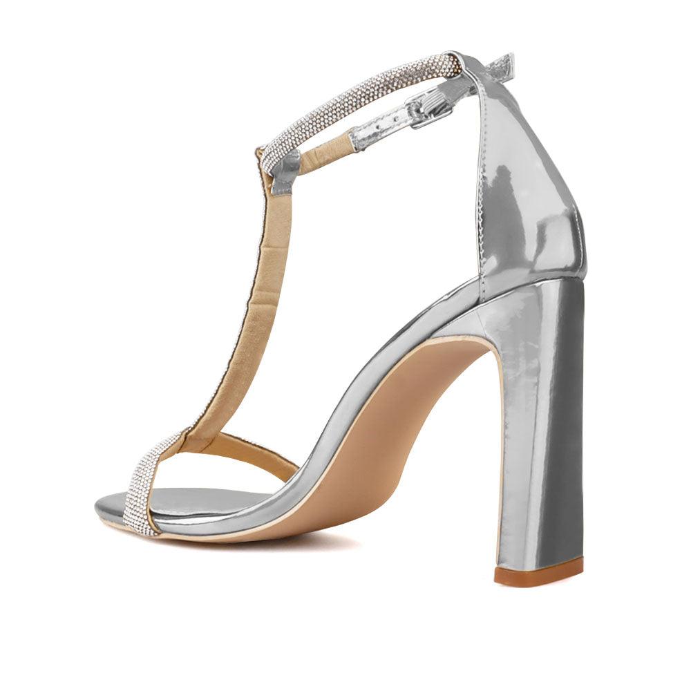 Silver Heels With Shinning T-Strap upper - posterior view