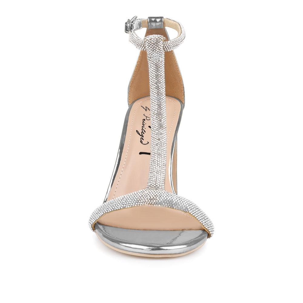 Silver Heels With Shinning T-Strap upper - front view