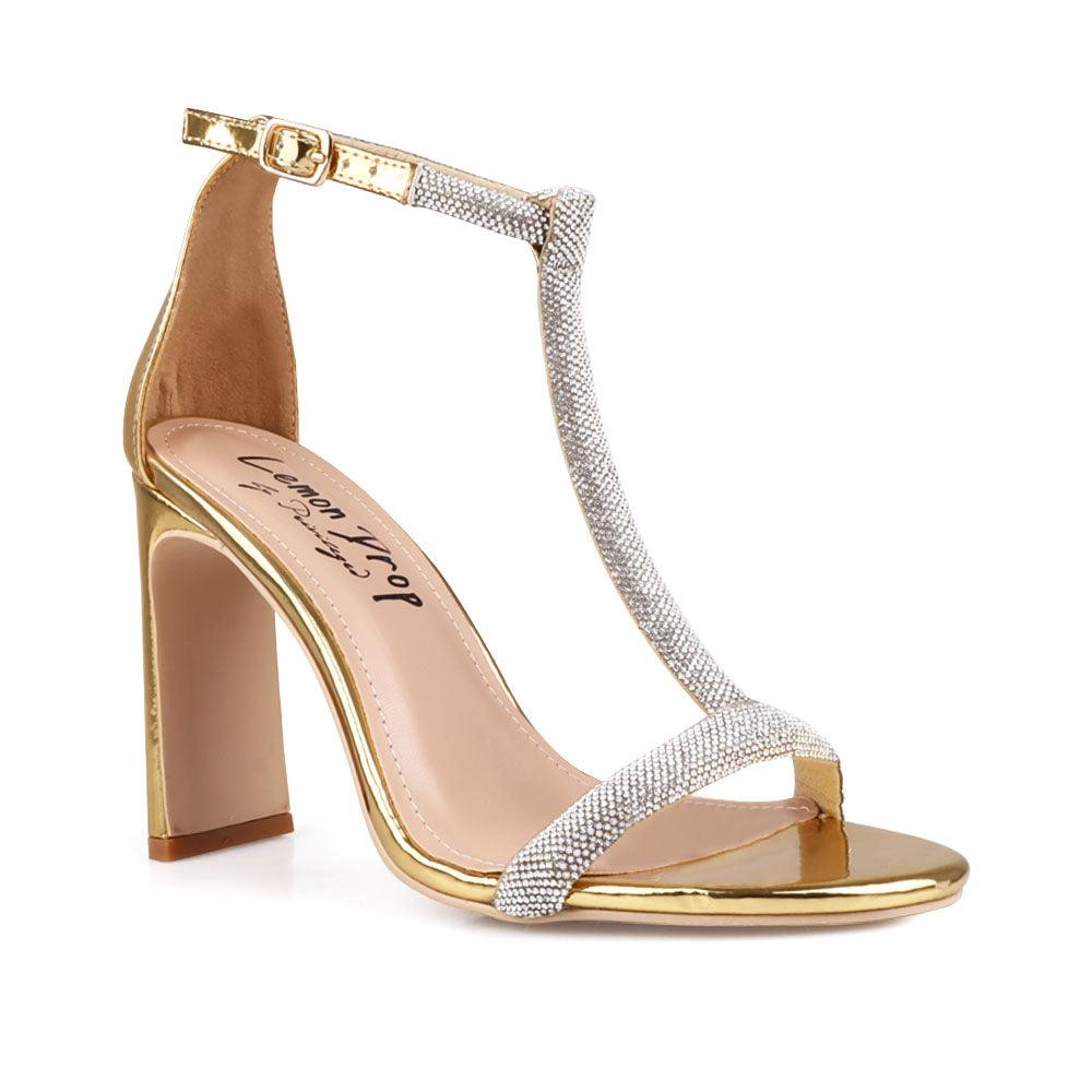 golden women heels with T-strap - corner view