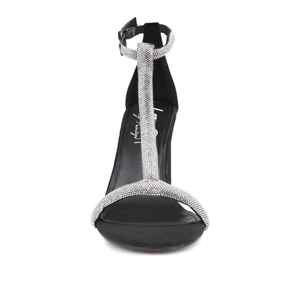 Black Heels With Silver T-strap upper - front view