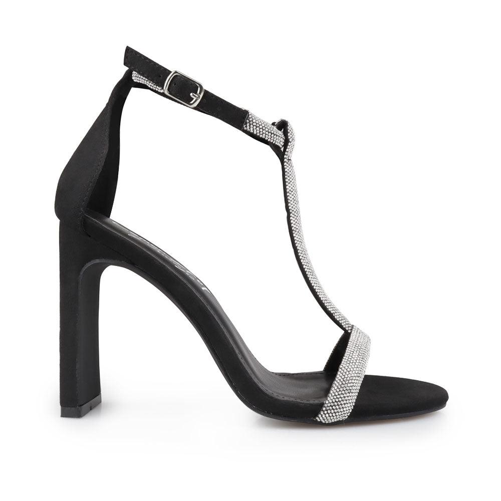 Black Heels With Silver T-strap upper - side view