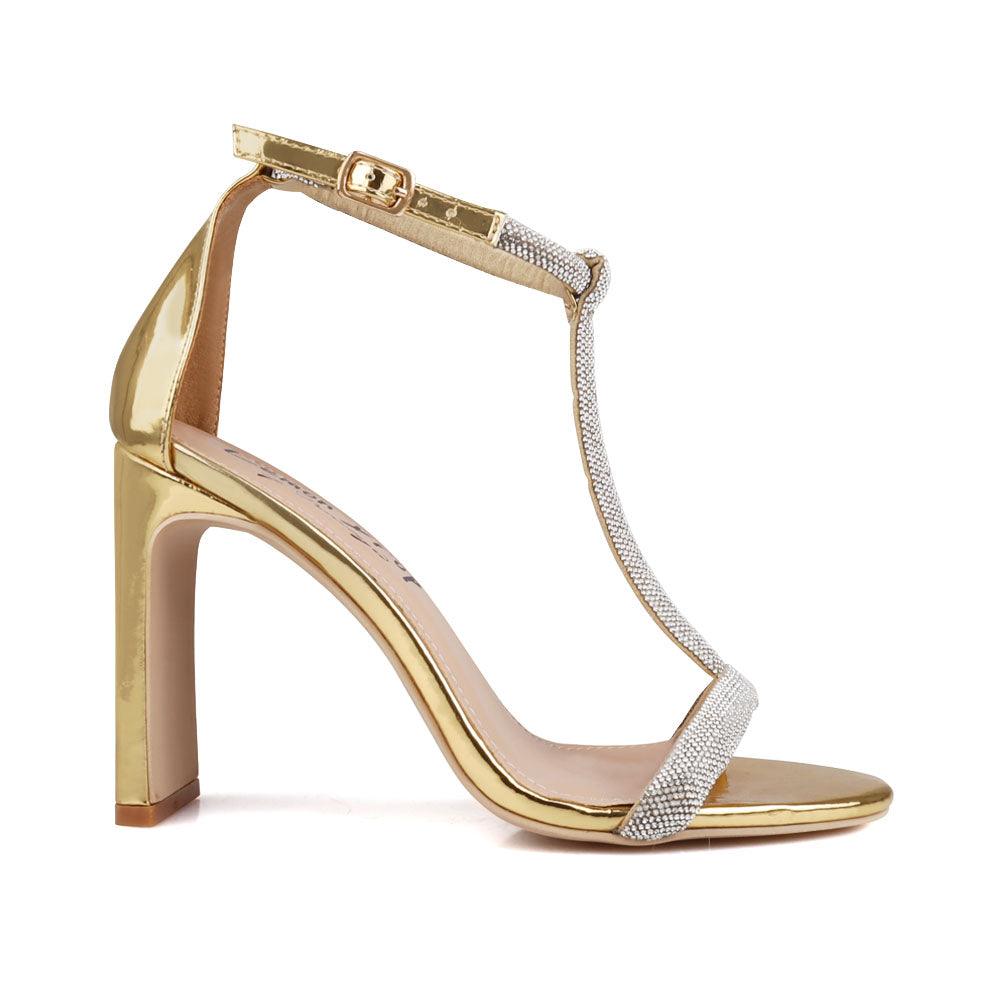 golden women heels with T-strap - side view