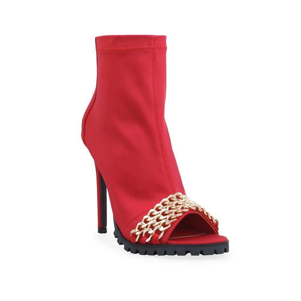 Red ankle boots with back zipper and open toe - corner view